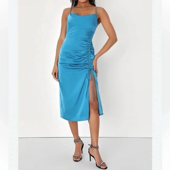 IRIS Turquoise Blue Satin Cowl Neck Slip Midi Dress - Picture 1 of 11